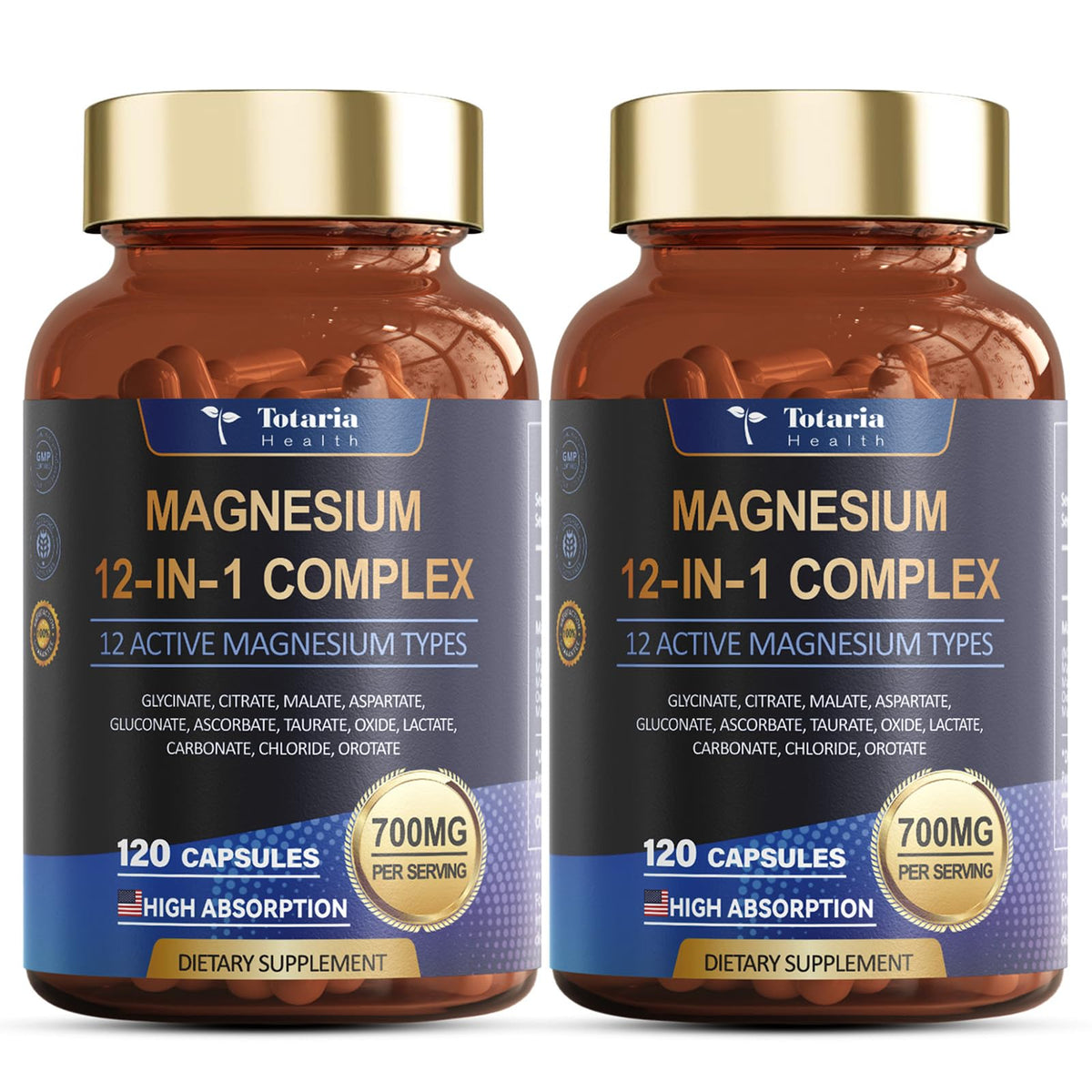 Two bottles of Totaria Health Magnesium 12-in-1 Complex dietary supplement on a white background.
