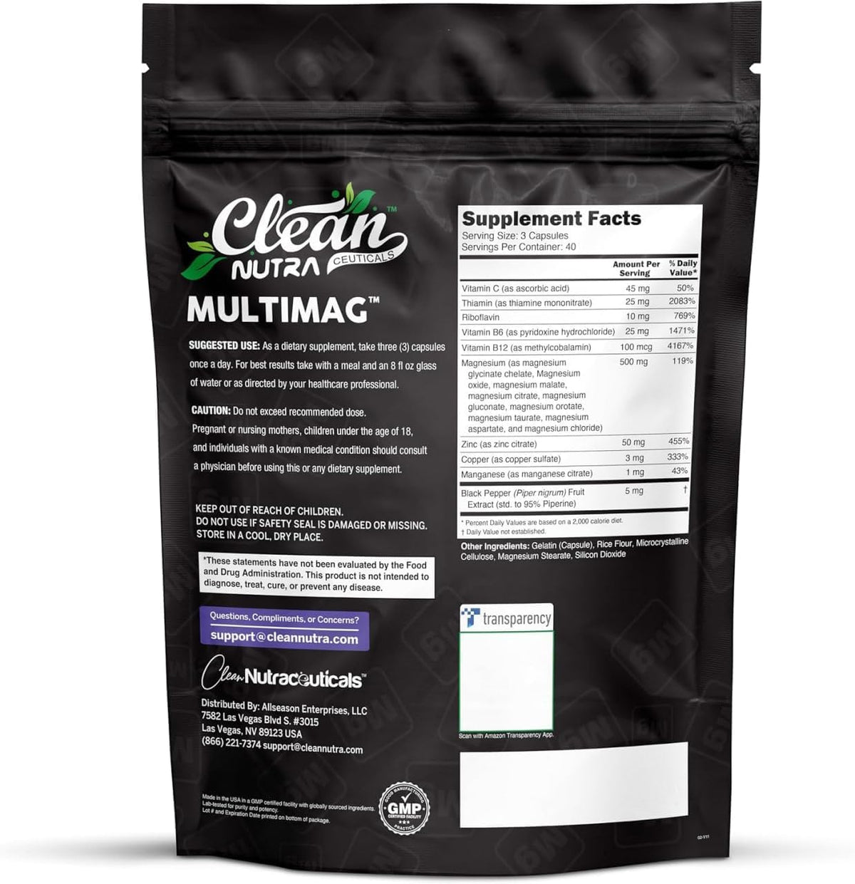 Clean Nutraceuticals Magnesium Complex with Magnesium Glycinate Citrate Malate Oxide Taurate Aspartate Orotate & Mag Chloride, Zinc Copper Manganese & Vitamin C B1 B2 B6 B12 Complex - 1Pack
