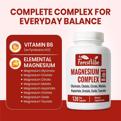 Magnesium Complex 420mg, 8-in-1 Blend with Glycinate, Chelate, Citrate & Malate, 120 Capsules, 40 Day Supply, Non-GMO & Gluten Free High Absorption Magnesium Supplement for Men and Women