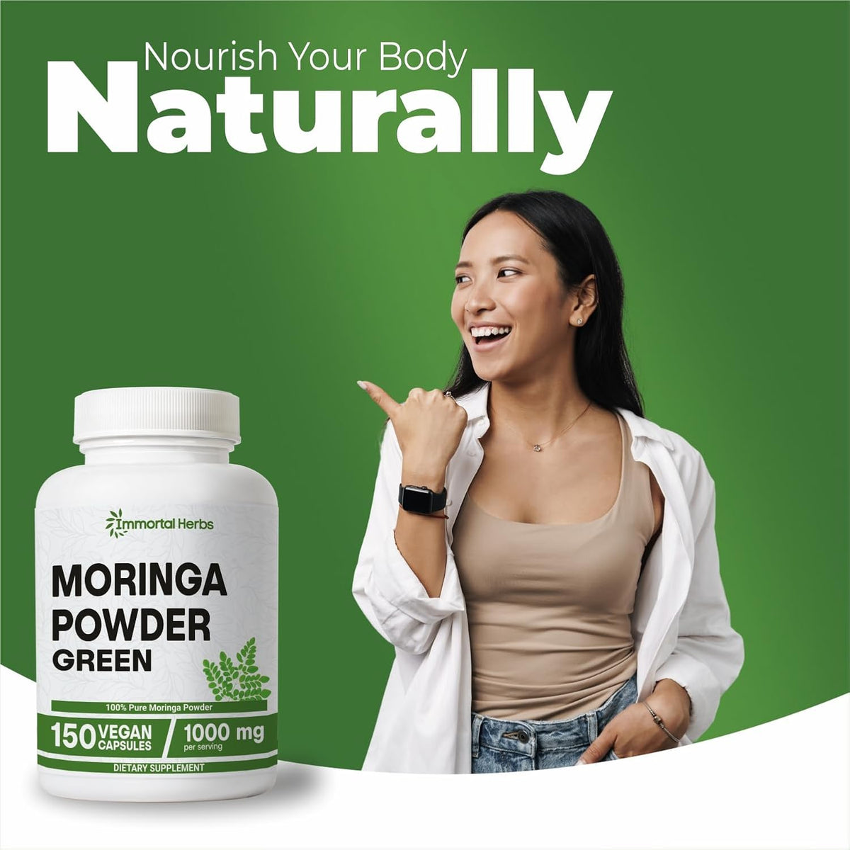 Moringa Capsules 1000mg, 20:1 Pure Moringa Leaf Powder Extract, 150 Vegan Pills, 2.5 Month Supply, Non-GMO & Gluten Free Oleifera Green Superfood Supplement