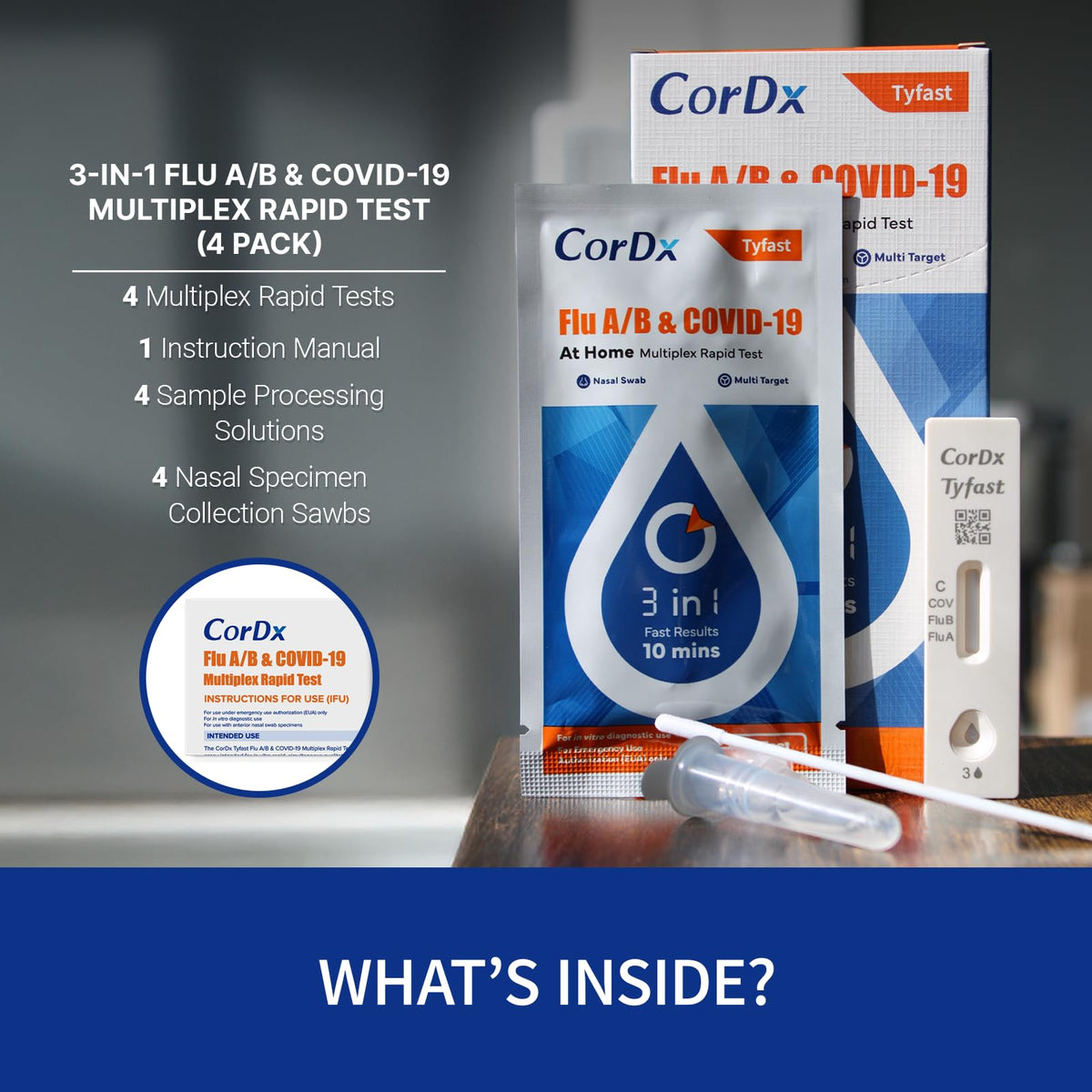 CorDx TyFast Flu A/B & COVID-19 At-Home Multiplex Rapid Test Kit, 3-in-1 Antigen Test, Results in 10 Minutes, EUA Authorized OTC, 4 Tests CorDx buy supplements Au