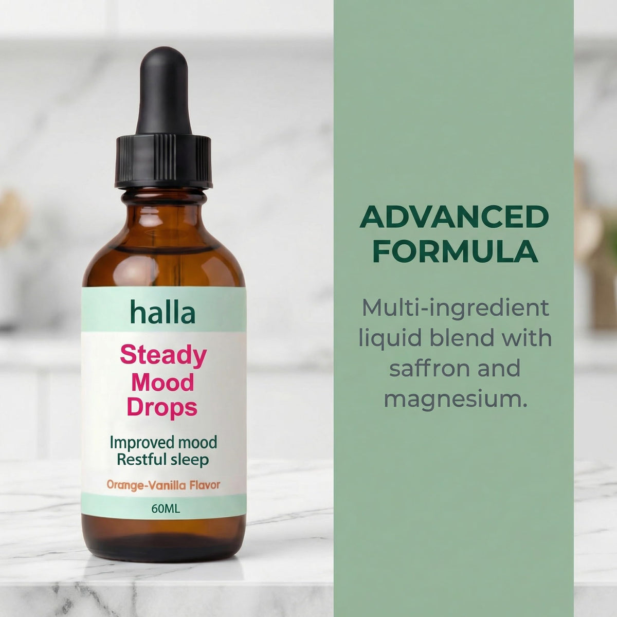 Halla Steady Mood Drops, with Saffron Extract – Fast Absorption Cognitive & Emotional Balance Supplement – Advanced Brain Nutrient Blend – Orange Vanilla Flavor, 2 fl oz