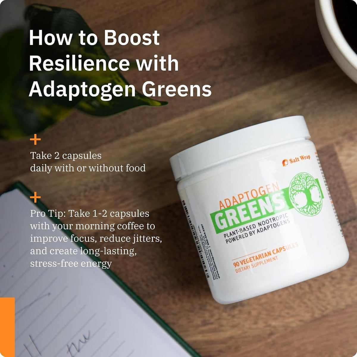 Adaptogen Greens - Mind-Body Resilience Formula - Caffeine-Free Nootropic for Stress, Focus, and Cognitive Performance - 90 Capsules | Clinically-Supported 300mg Bacognize with Eleuthero, Ashwagandha and Rhodiola for Memory, Mood and Fatigue Relief