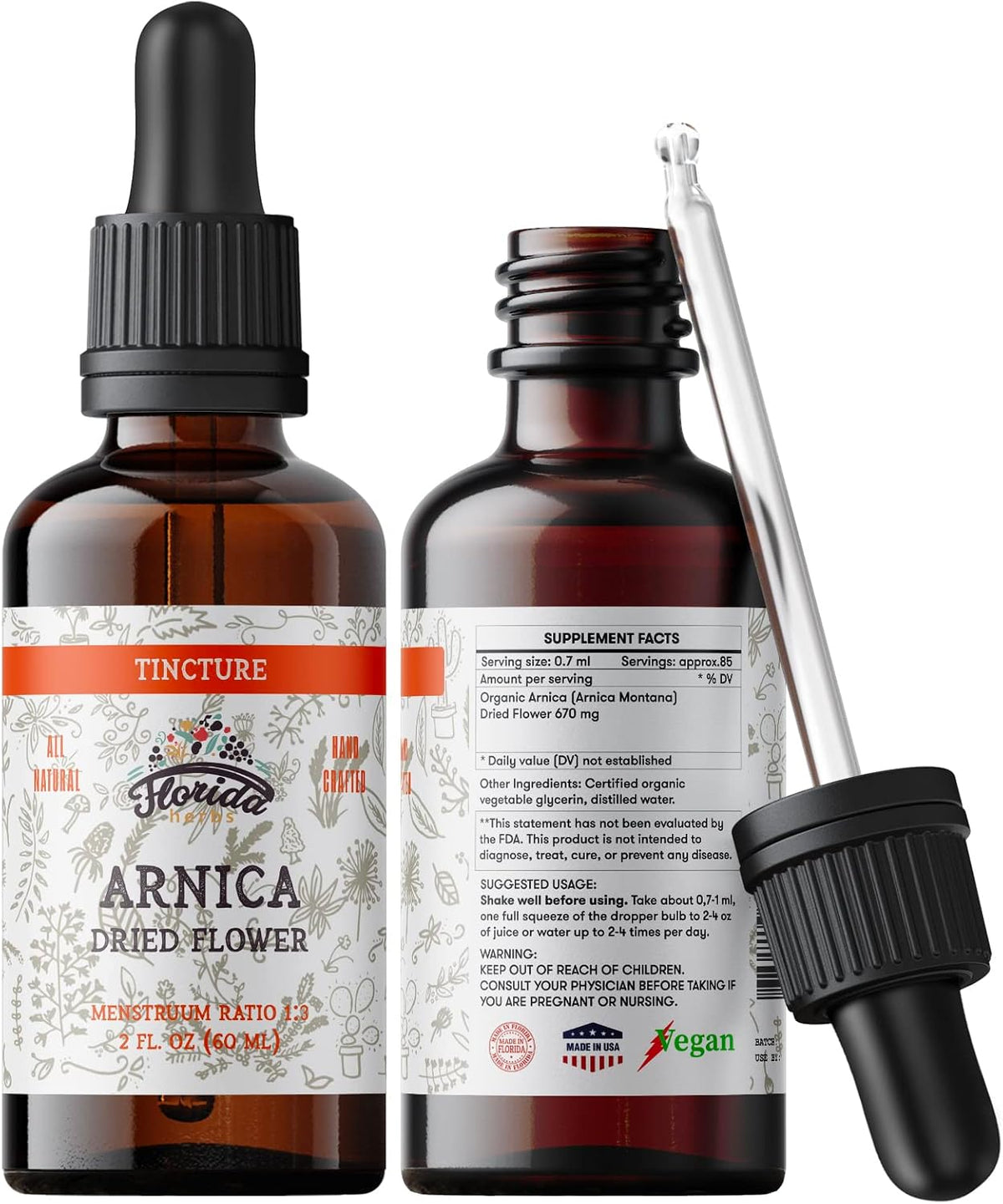 Arnica Tincture, Organic Arnica Extract (Arnica Montana) Dried Flower Herbal Supplement, Non-GMO in Cold-Pressed Organic Vegetable Glycerin, 700 mg, 2 oz (60 ml)