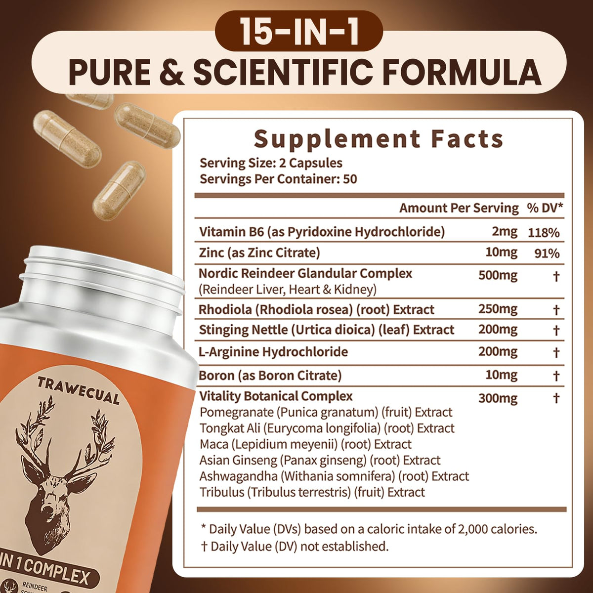 15-in-1 Reindeer Organ Supplement with Arctic Herb for Men, 100 Capsules | 500mg Reindeer Organ Complex with Rhodiola, Nettle, Tongkat Ali, Supports Energy, Stamina & Overall Wellness, 50 Day Supply