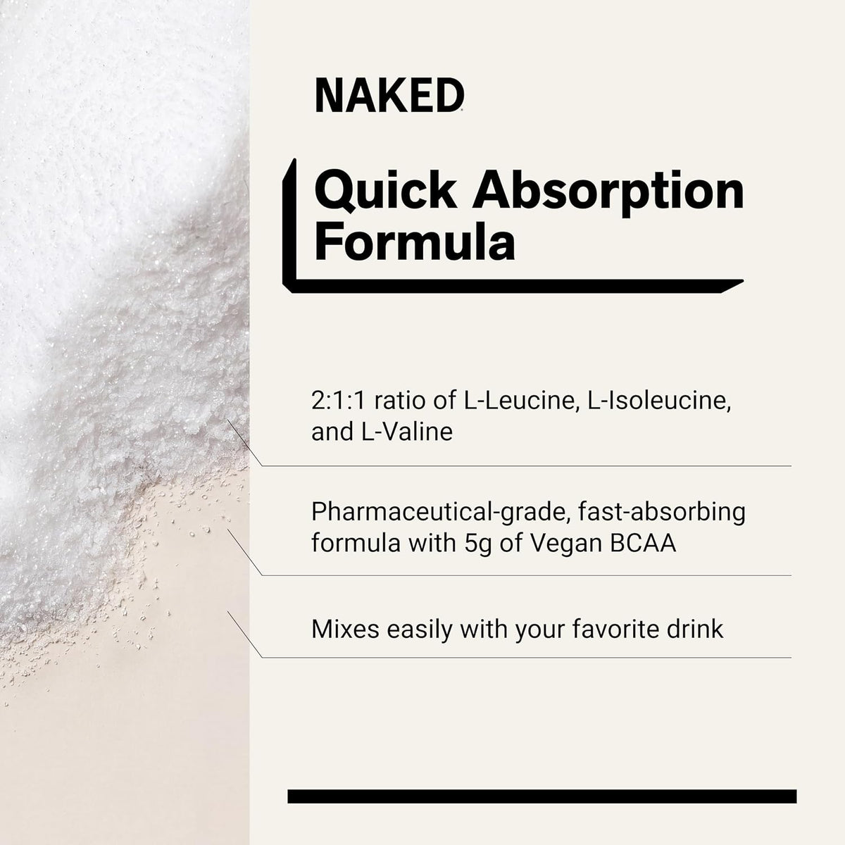 NAKED BCAAs Amino Acids Powder, Only 1 Ingredient, Pure 2:1:1 Formula, Vegan Unflavored Branched Chain Amino Acids, Instantized All Natural BCAA Supplement - 500 Grams, 100 Servings