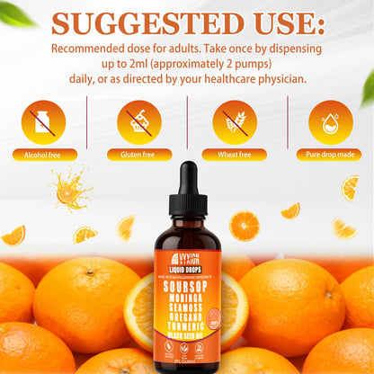 Soursop Bitters Liquid Drops 10 in 1 with Sea Moss, Moringa, Turmeric, Black Seed Oil, Oregano, Ashwagandha | Herbal Extracts for Overall Health-Enhancing |Vegan, Non-GMO| 2 Fl Oz(Mixed Berry Flavor)