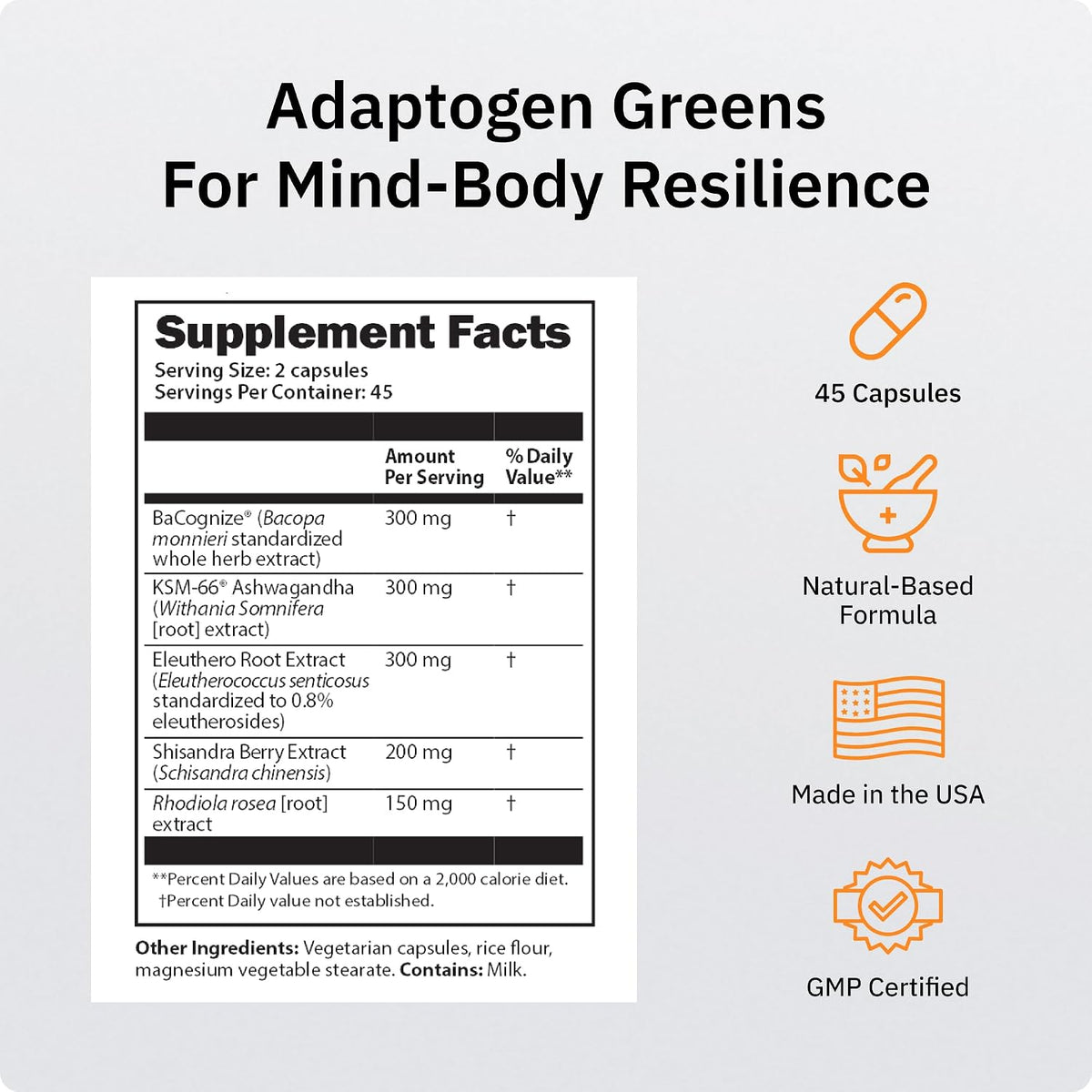 Adaptogen Greens - Mind-Body Resilience Formula - Caffeine-Free Nootropic for Stress, Focus, and Cognitive Performance - 90 Capsules | Clinically-Supported 300mg Bacognize with Eleuthero, Ashwagandha and Rhodiola for Memory, Mood and Fatigue Relief