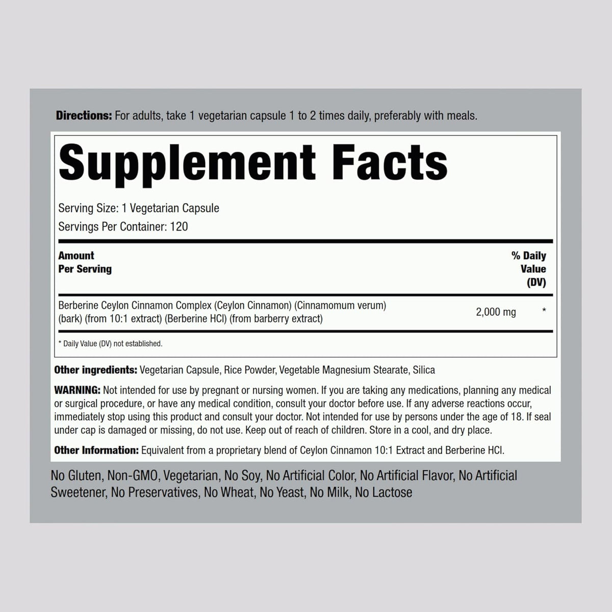 Piping Rock Berberine HCI Ceylon Cinnamon Complex | 120 Capsules | Herbal Extract Supplement | Vegetarian, Non-GMO & Gluten Free Formula