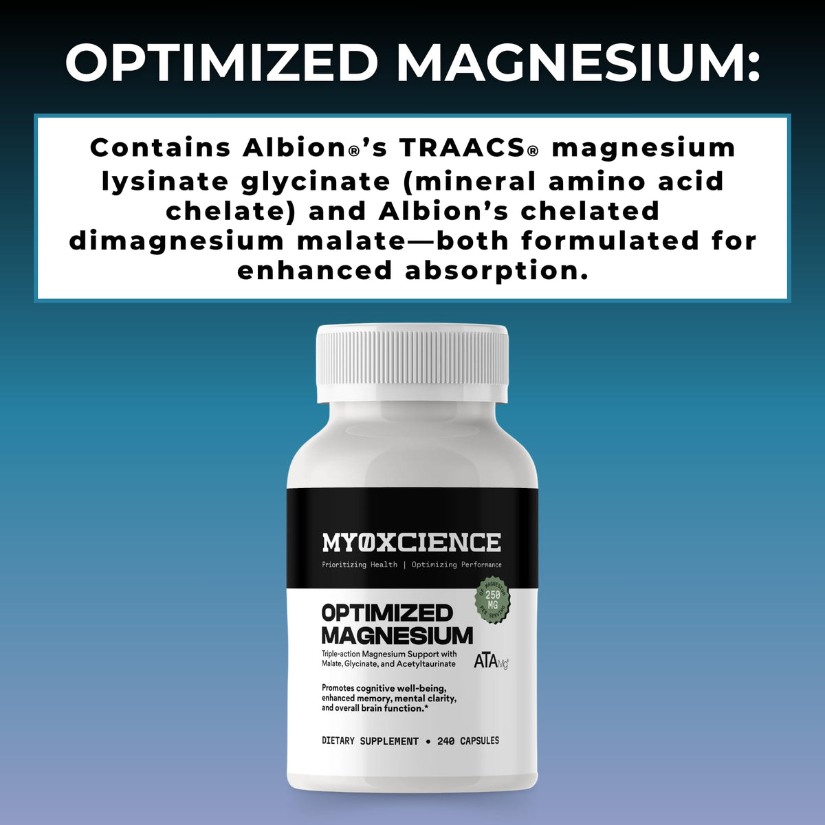 MYOXCIENCE Optimized Magnesium Glycinate + Magnesium Taurate (as ATAmag®) for High Brain Bioavailability to Support Stress Relief and Sleep | 30 Servings