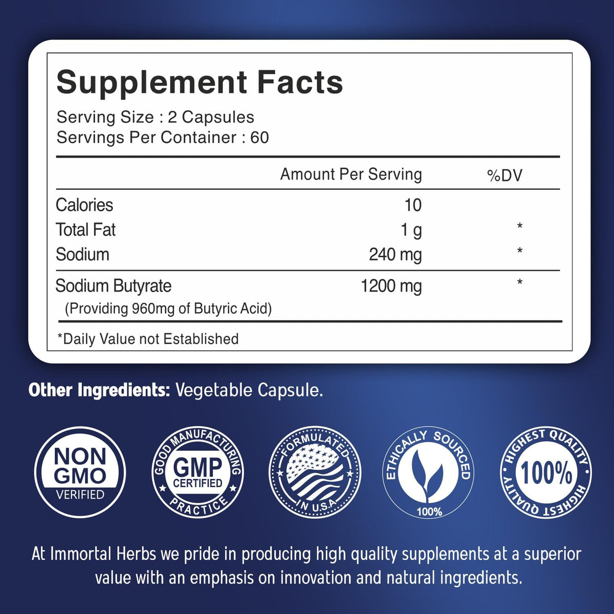 Sodium Butyrate Capsules 1200mg, High Absorption Postbiotic, 120 Count, Standardized Butyric Acid, Vegan, Non-GMO & Gluten-Free Butyrate Supplement for Women and Men