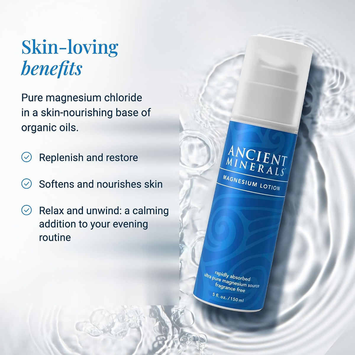 Ancient Minerals Magnesium Cream Lotion, Zechstein Chloride, 5oz | Magnesium chloride cream with shea butter, organic oils & hyaluronic acid. Non-greasy body lotion for skin hydration. 5 oz.