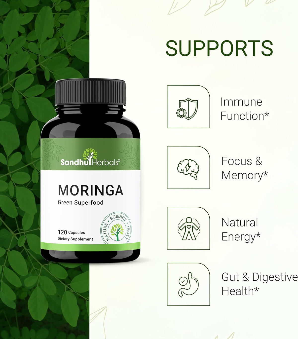 SANDHUHERBALS Moringa & Sea Moss Capsules Supplements for Women & Men | Supports Immune & Digestive Health