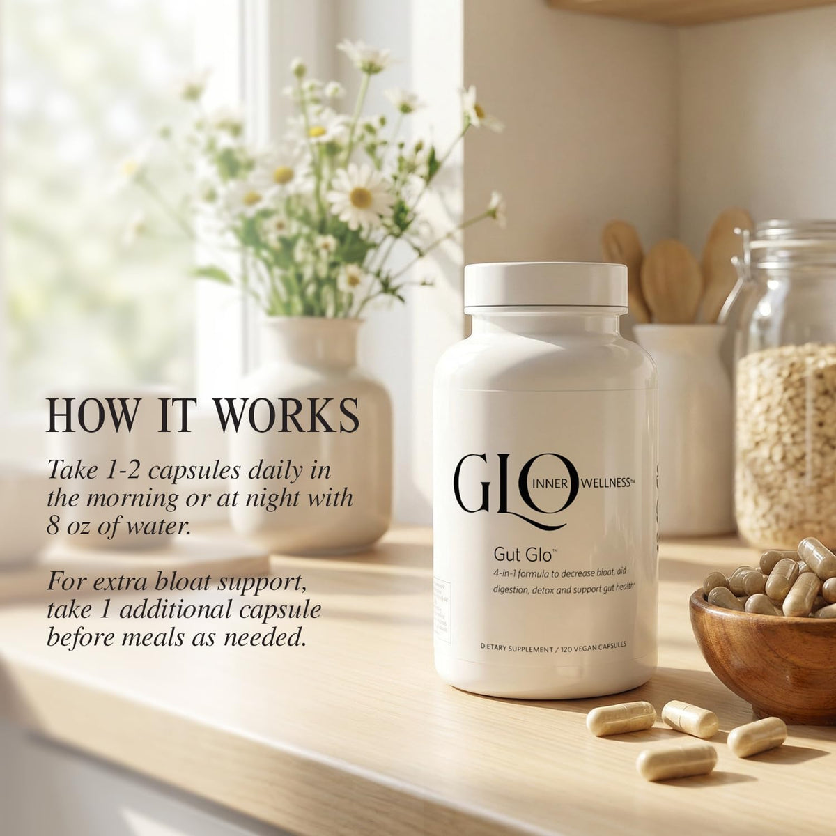 Gut Glo 4-in-1 Probiotic (16 Billion CFU) Gut Health Supplement, Digestive Enzymes, Magnesium & Organic Herbs – Ginger, Peppermint for Bloating & Constipation Relief – Vegan – 120 Capsules