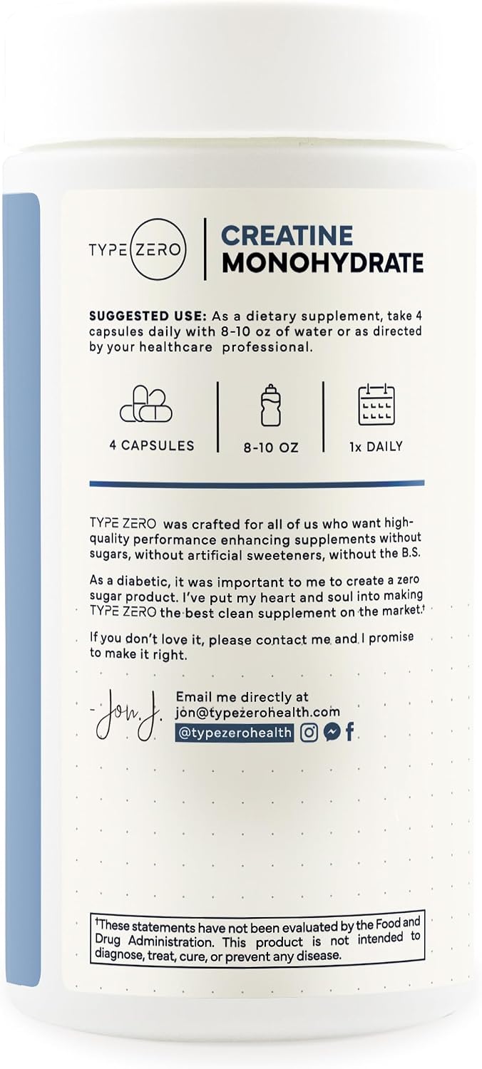 Type Zero Clean Creatine Monohydrate Capsules (3,000mg) 200 Count | Pure Micronized Creatine Supplement, 50 Servings