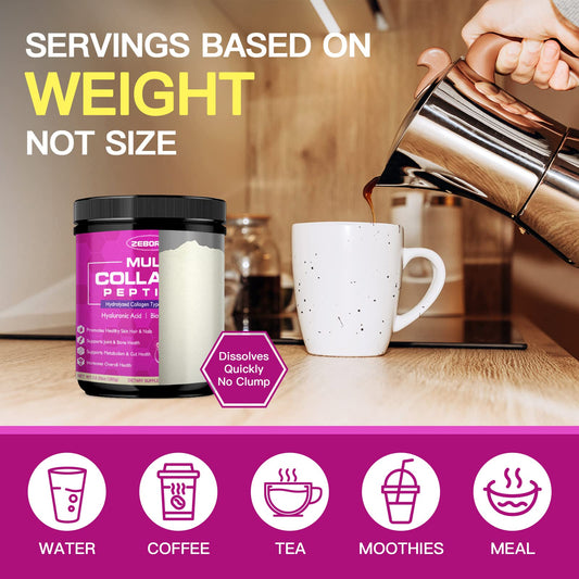 ZEBORA Multi Collagen Peptides Powder - Hydrolyzed Collagen Type I II III V X with Hyaluronic Acid, Biotin, Vitamin C - Support Skin Hair Nail Joints,