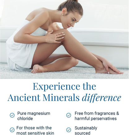 Ancient Minerals Magnesium Oil Spray Sensitive, Aloe & Chamomile, 4oz | Zechstein magnesium chloride with allantoin, organic chamomile & aloe vera. Gentler formula for sensitive skin. 4 fl oz.