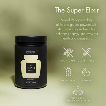 WelleCo The Super Elixir, Daily Greens Powder with Probiotics, Superfoods & Whole Foods, Unflavored Drink Mix for Gut Health, Immunity, Energy, Skin & Hair, 10.5oz Jar WelleCo buy supplements Au
