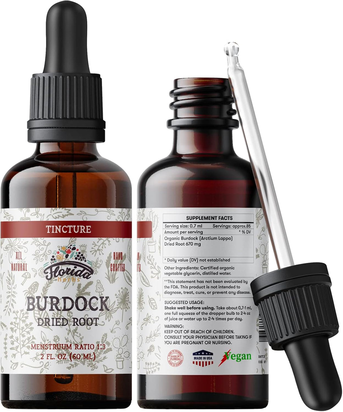 Burdock Tincture, Organic Burdock Extract Dried Root (Arctium Lappa) Burdock Drops, Non-GMO in Cold-Pressed Organic Vegetable Glycerin 2 oz, 670 mg