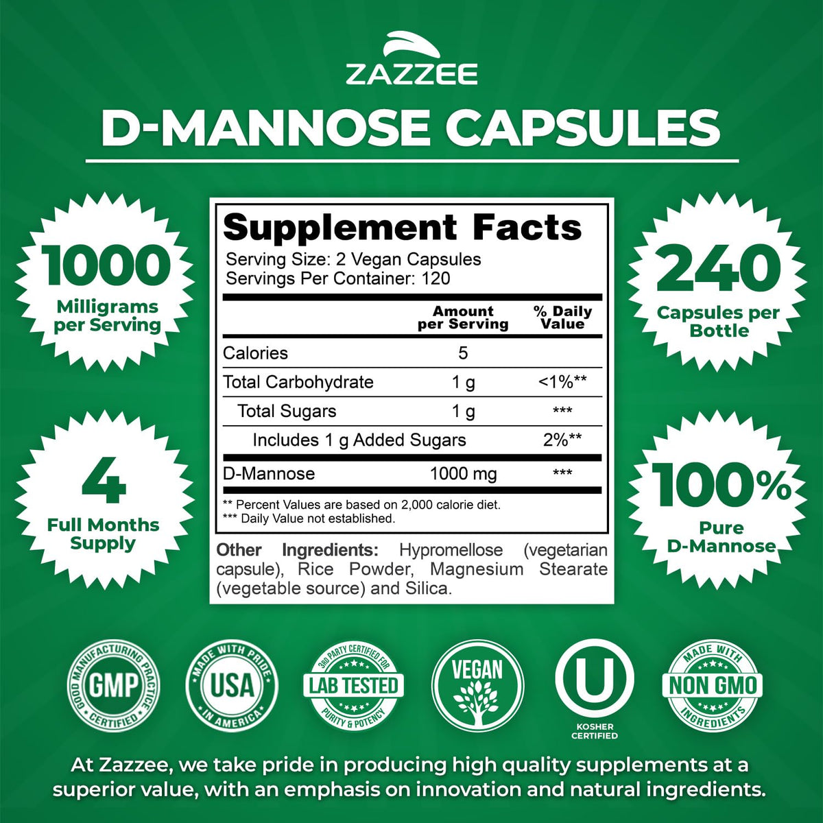 Zazzee D-Mannose, 1000 mg per Serving, 180 Vegan Capsules, 3 Month Supply, Potent & Fast-Acting, Certified Kosher, 100% Pure, All-Natural Urinary Tract Health Support, 100% Vegetarian, Non-GMO