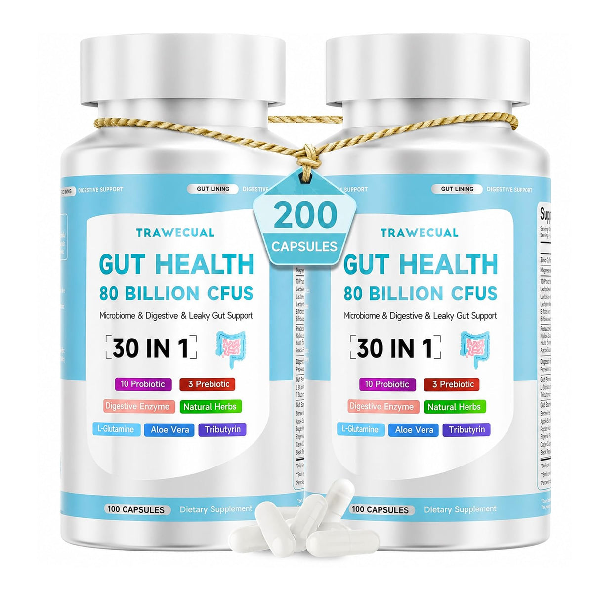 Gut Health Capsule Supplement, Supports Microbiome, Leaky Gut, and Digestion, with 80 Billion CFU Probiotics, Prebiotics, Digestive Enzymes, 30-in-1 Gut Health Supplement, 100 Capsules
