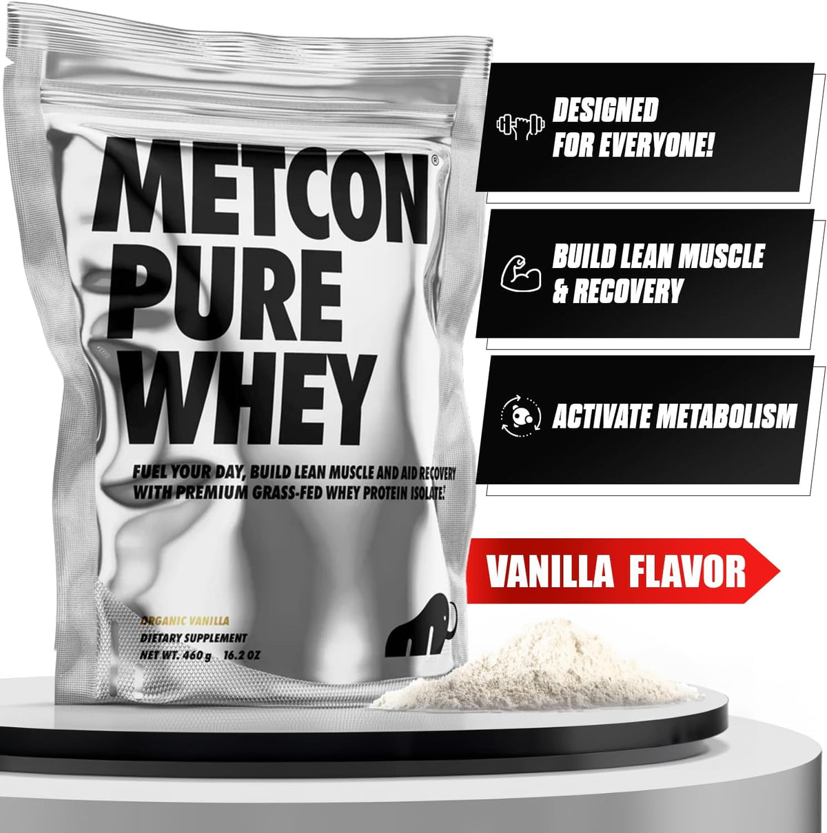 MetCon Whey Protein Isolate - Premium Grass-Fed Whey Protein Isolate Powder with 5 All-Natural Ingredients, No Fillers, Organic Vanilla Flavor (460g)