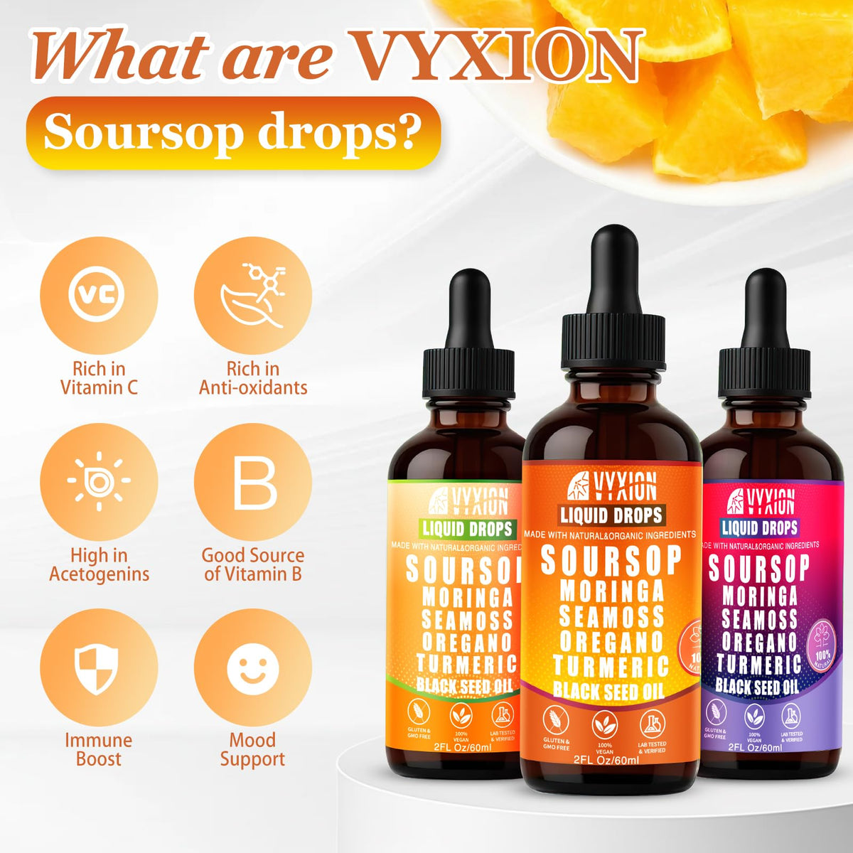 Soursop Bitters Liquid Drops 10 in 1 with Sea Moss, Moringa, Turmeric, Black Seed Oil, Oregano, Ashwagandha | Herbal Extracts for Overall Health-Enhancing |Vegan, Non-GMO| 2 Fl Oz(Mixed Berry Flavor)