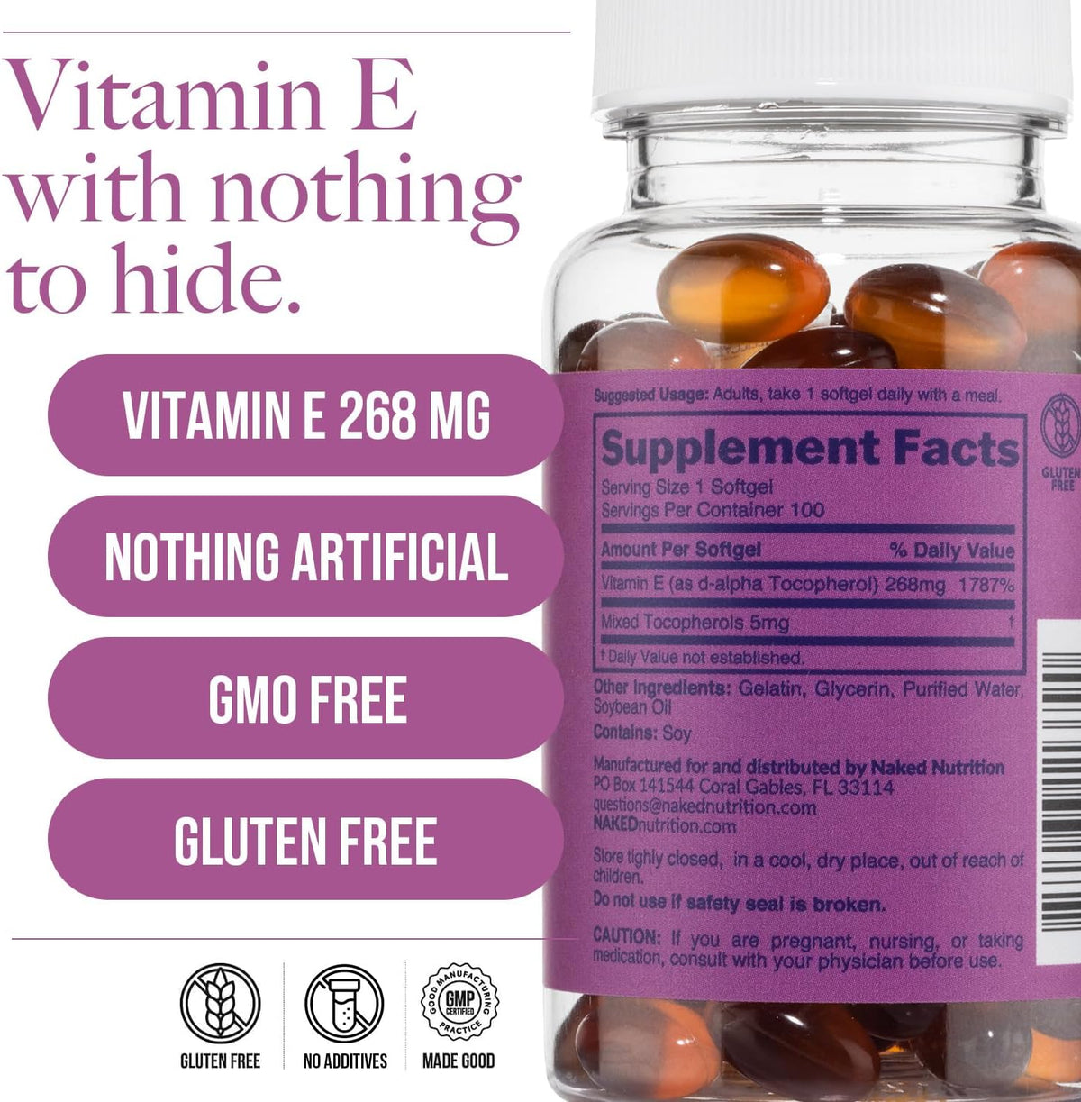 Naked Vitamin E 400 IU – Natural Vitamin E Supplement with Mixed Tocopherols for Antioxidant Support and Skin Health – 100 Softgels