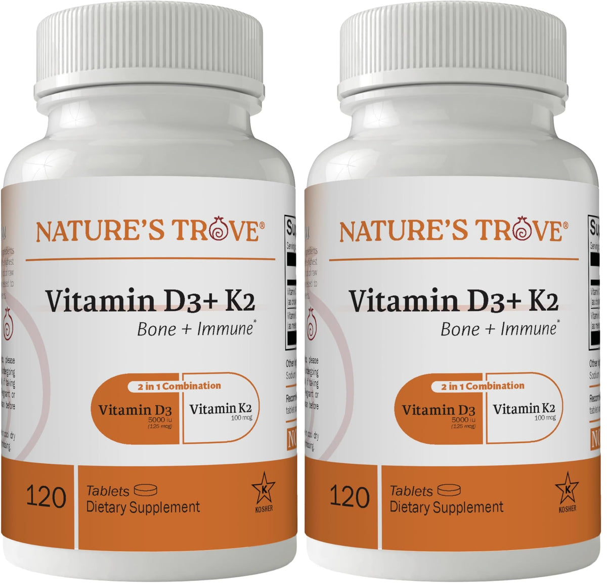 Nature's Trove Vitamin D3 5000 IU Plus K2 100mcg for Bone Health & Immune Support - 120 Tablets - 2-in-1 Formula