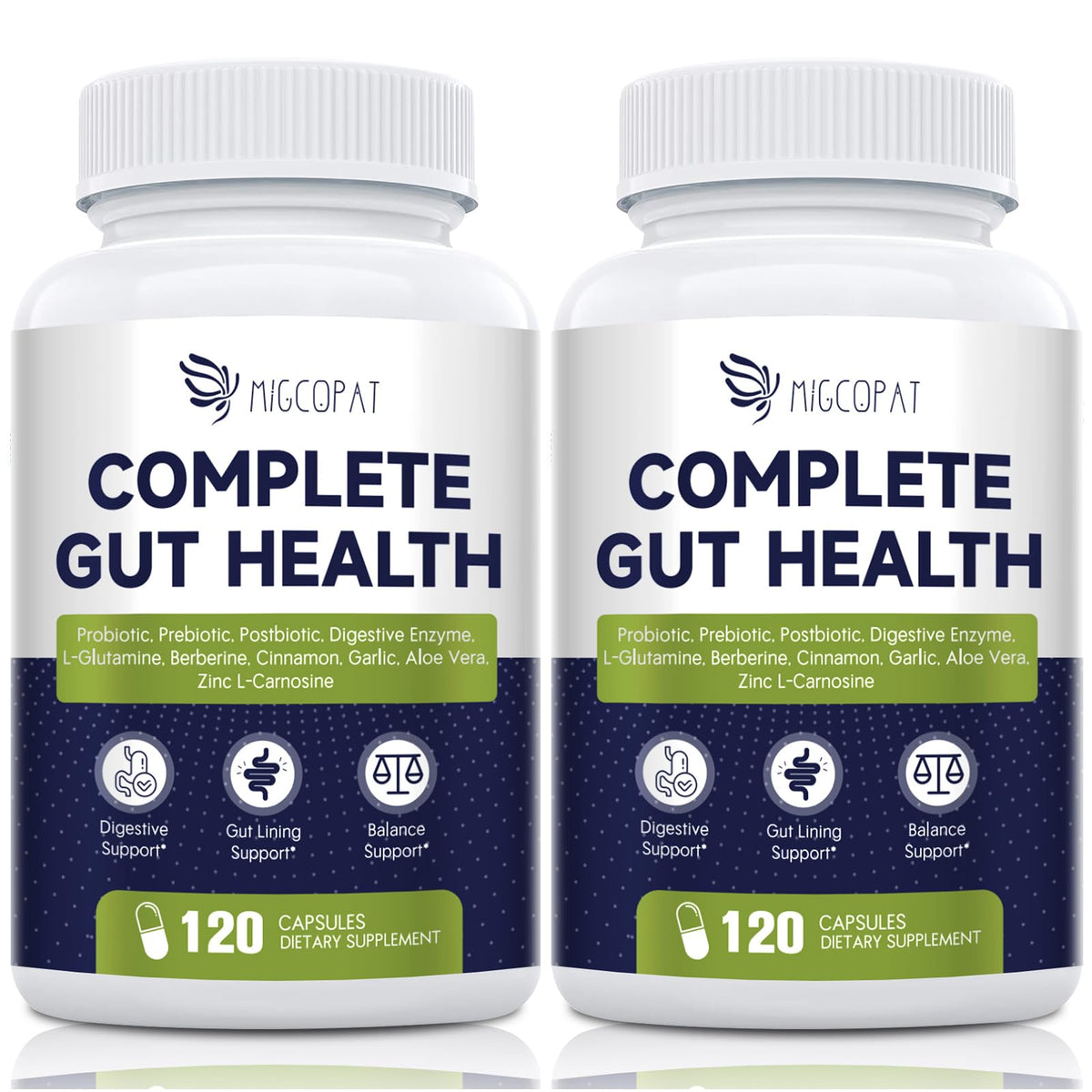 Migcopat Probiotic Prebiotic, Postbiotic & Digestive Enzymes for Digestive Health, 80 Billion CFU Probiotics Complete Gut Support with Berberine, Cinnamon, L-Glutamine, for Men & Women, 120 Capsules