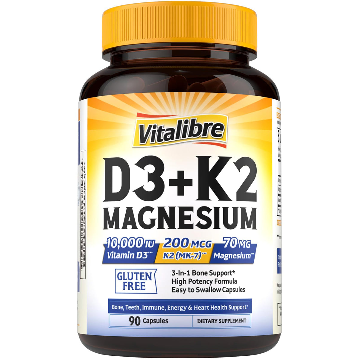 Vitalibre D3 K2 + Magnesium Supplement, 10000 IU Vitamin D3 & 200 mcg K2, with Magnesium Glycinate, Bone, Teeth, Immune & Energy Support, High Absorption, Non-GMO, Easy to Swallow, 60 Capsules
