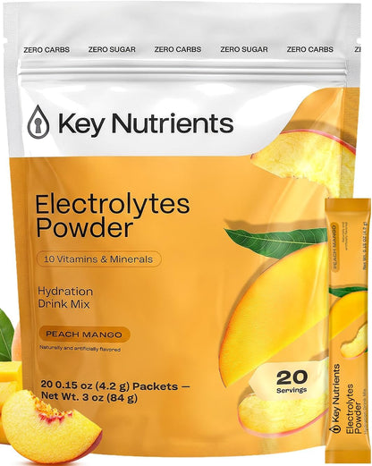 KEY NUTRIENTS Electrolytes Powder Bundle, Sweet Pink Lemonade 90 Servings Jar + Tropical Peach Mango 20 Count Packets, Sugar Free Hydration Travel Drink Mix with Vitamins & Minerals, No Calories