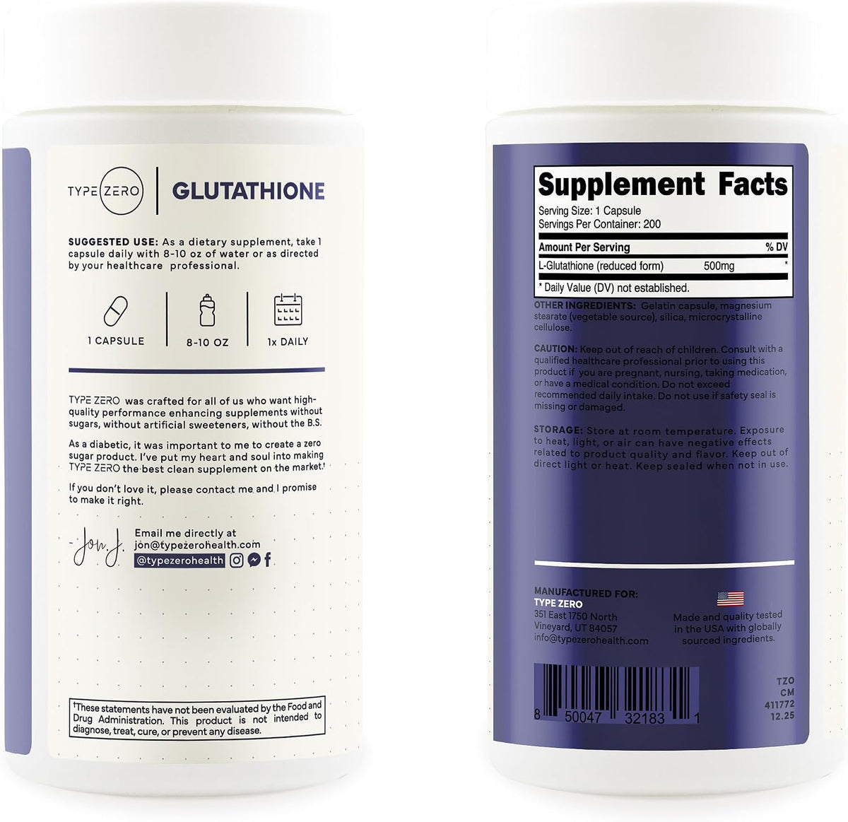 Type Zero Clean Glutathione (500mg) 200 Capsules, Reduced Form, Gluten-Free | GMO-Free