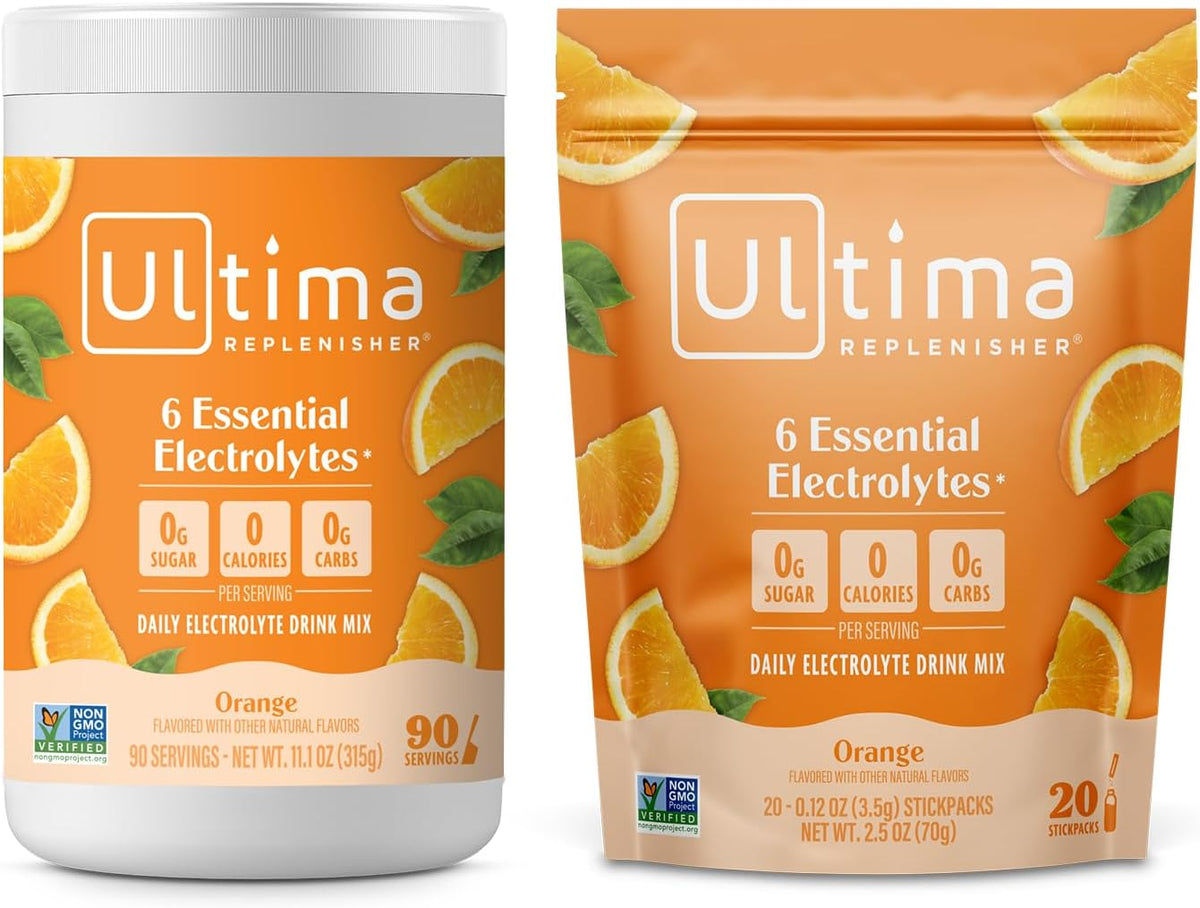 Ultima Replenisher Electrolyte Powder Drink Mix Bundle – Sugar Free – Orange, 90 Serving Canister and 20 Stickpacks – 6 Electrolytes and Minerals – Keto Friendly, Vegan, Non-GMO