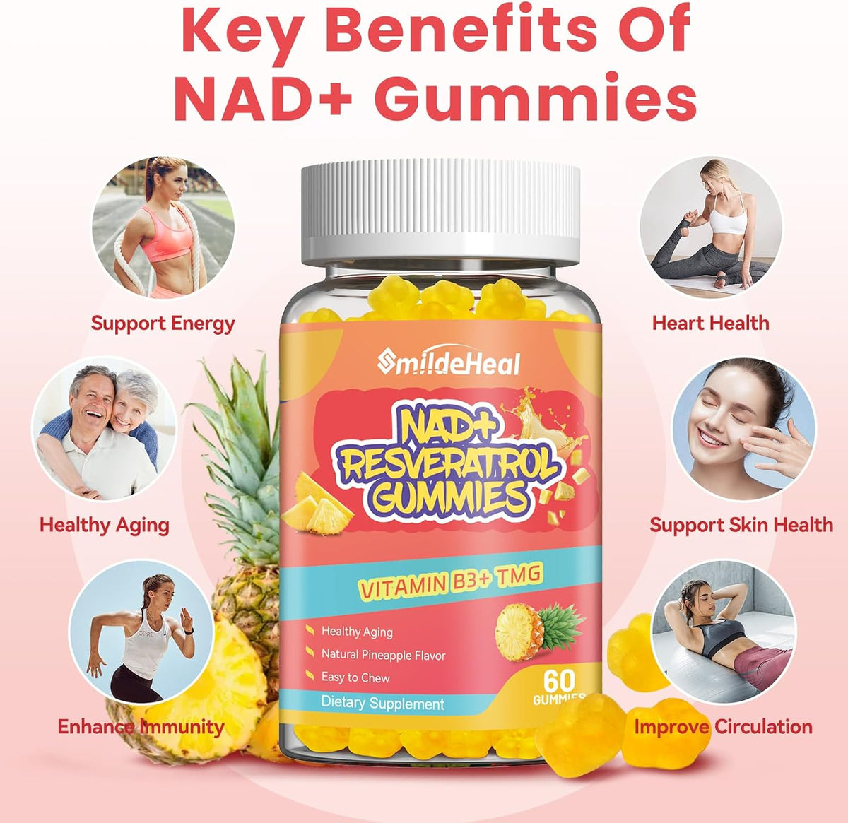 NAD+ Resveratrol Gummies NAD+ Supplement 500mg with Vitamin B3 & TMG – Healthy Aging, Energy & Cellular Health Support – Vegan Friendly, Natural Pectin – 60 Gummies, 30-Day Supply