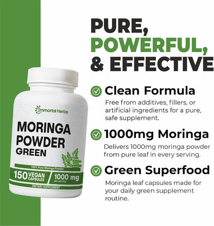 Moringa Capsules 1000mg, 20:1 Pure Moringa Leaf Powder Extract, 150 Vegan Pills, 2.5 Month Supply, Non-GMO & Gluten Free Oleifera Green Superfood Supplement