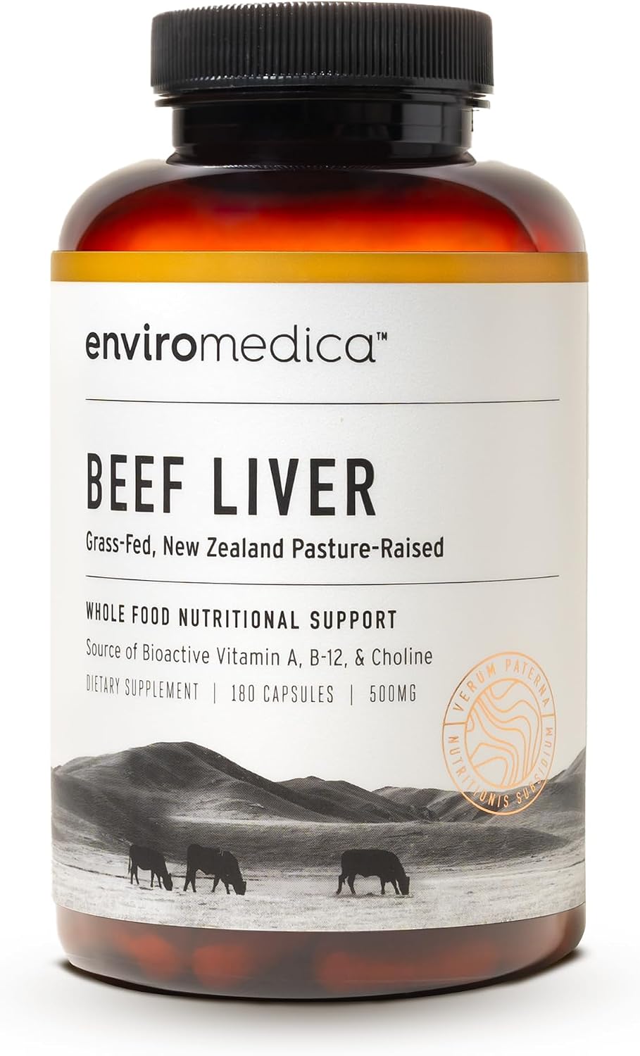 Enviromedica Grass Fed Beef Liver Capsules, Freeze-Dried, 180 Count | Pasture-raised New Zealand bovine liver, preformed vitamin A. Whole-food organ supplement for men & women. 180 capsules.