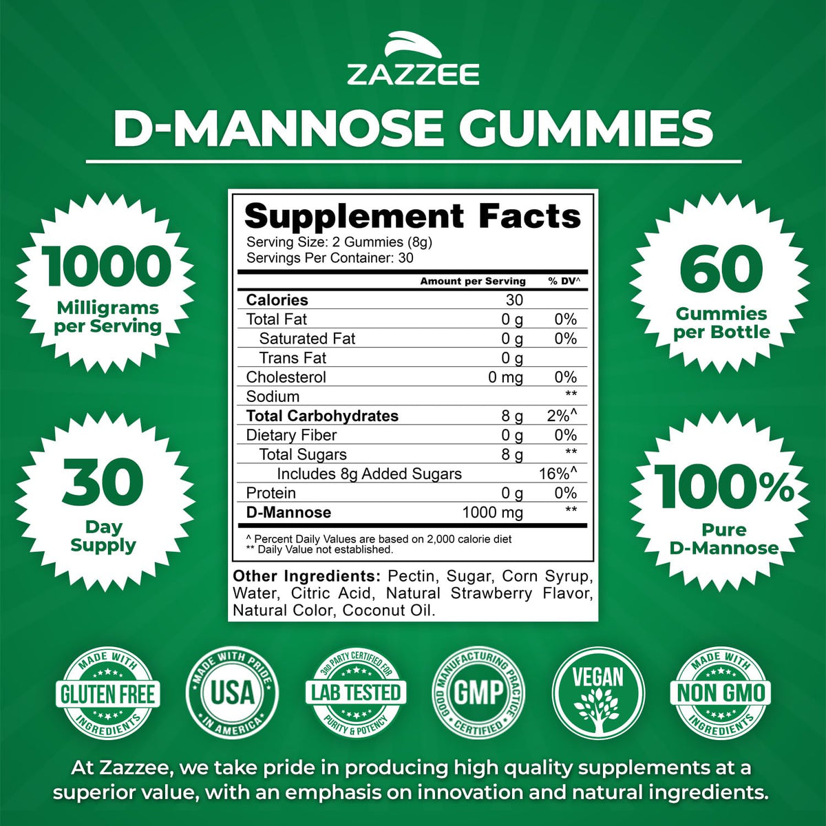 Zazzee D-Mannose, 1000 mg per Serving, 180 Vegan Capsules, 3 Month Supply, Potent & Fast-Acting, Certified Kosher, 100% Pure, All-Natural Urinary Tract Health Support, 100% Vegetarian, Non-GMO