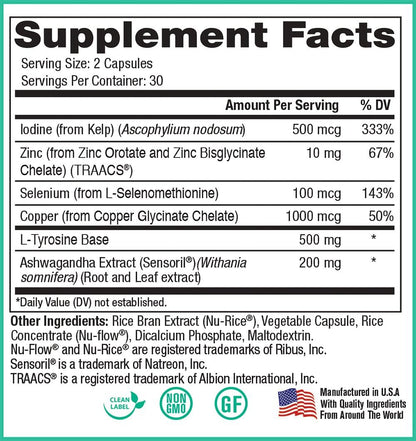 Thyroid Support by Peak Pure & Natural | Thyroid Supplement and Metabolism Booster to Support Weight Maintenance | Iodine Supplement Designed for Underactive Thyroid | 60 Capsules