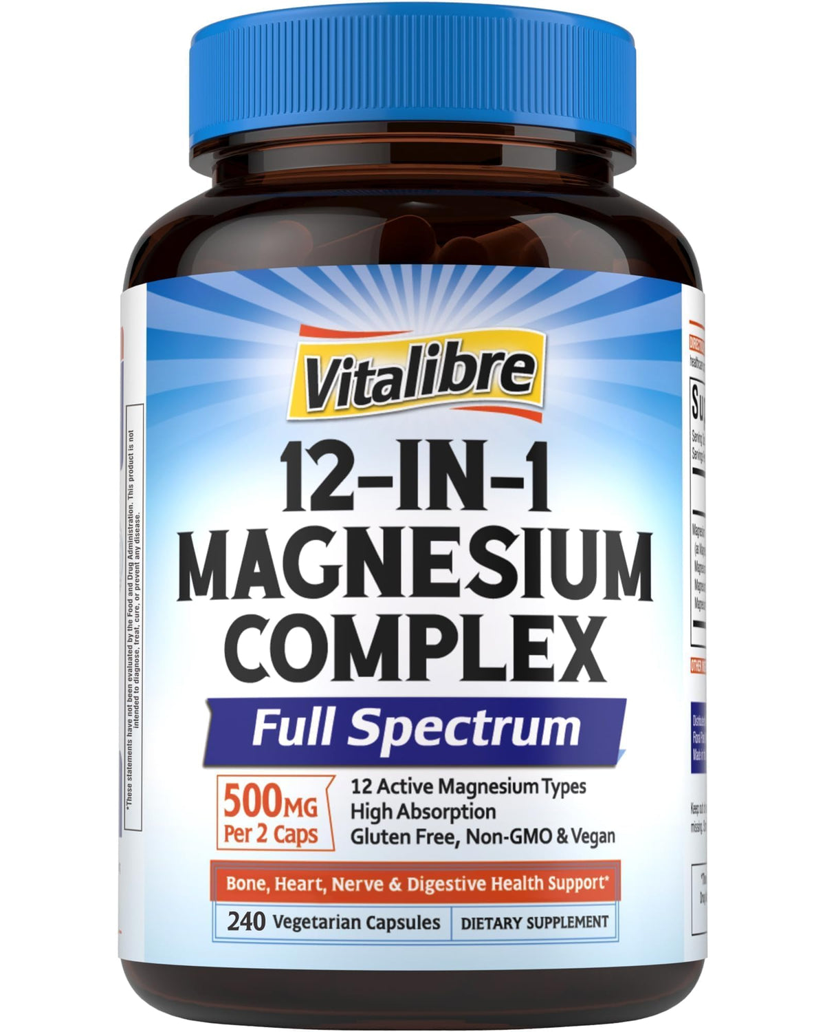 Vitalibre 12 in 1 Magnesium Complex 500mg for Women Men, 120 Vegan Capsules | Max Absorption Chelated Magnesium Glycinate Citrate Malate & More for Bone, Nerve & Digestive Support | Non-GMO