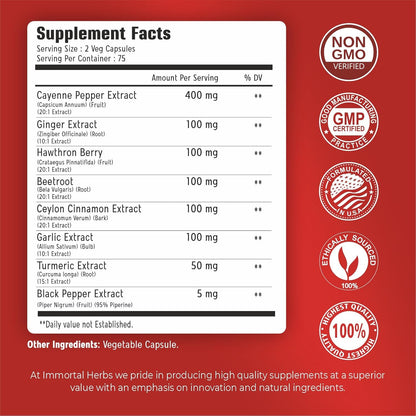 Cayenne Pepper Capsules w/Garlic, Ginger, Hawthorn, Turmeric, Cinnamon, Beet Root and Black Pepper Extract, 150 Cayenne Capsules, Non-GMO & Gluten Free Capsaicin Supplement