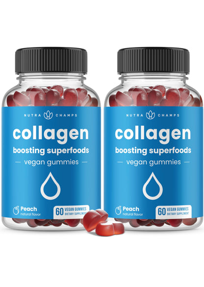 NutraChamps Collagen Boosting Gummies, Collagen Booster Gummy for Natural Collagen Production, Vegan Pectin Supplements Chews for Women & Men, 60 Peach Vitamins Gummies
