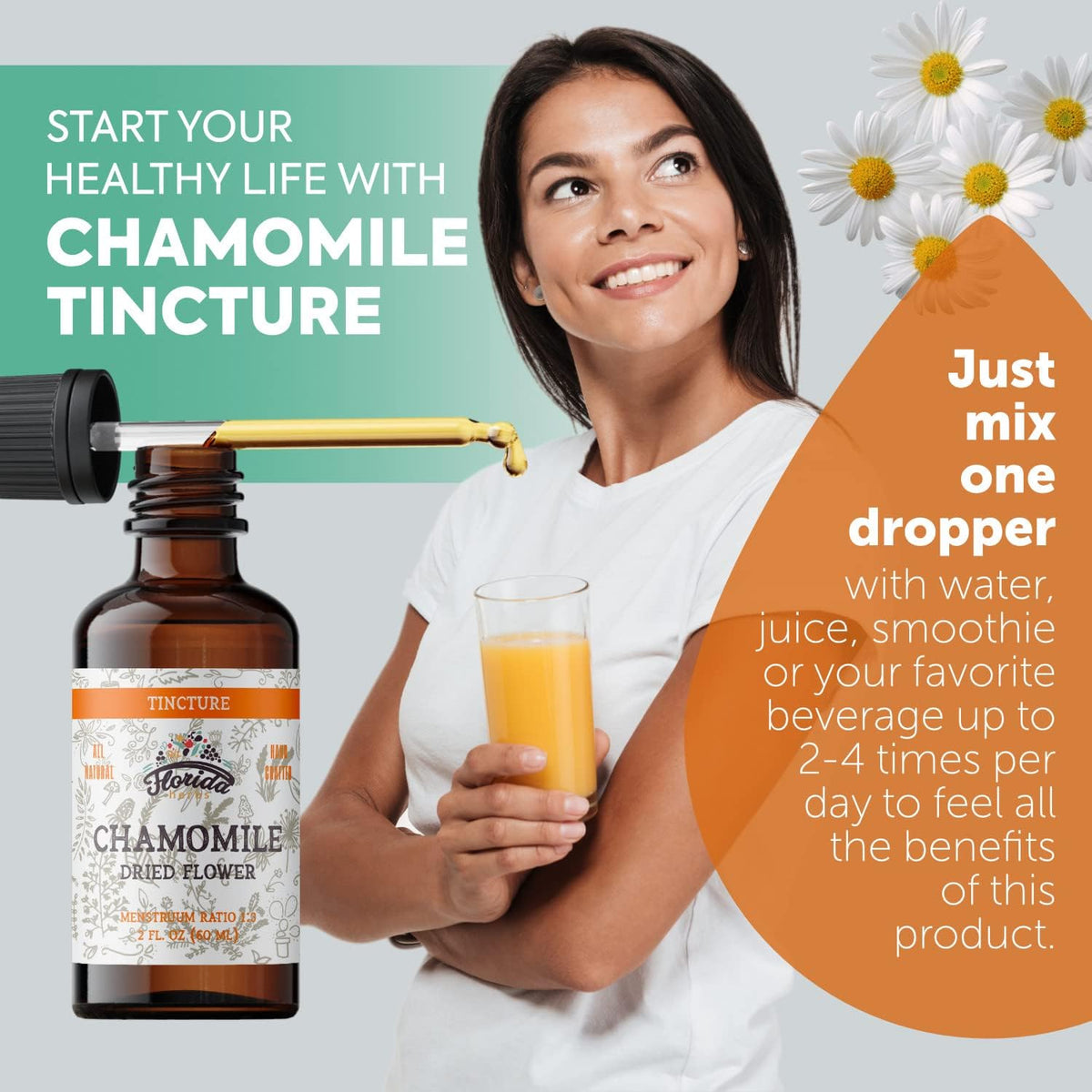 Chamomile Tincture, Organic Chamomile Extract (Matricaria Recutita) Dried Flowers, Non GMO Gluten Free in Cold-Pressed Organic Vegetable Glycerine 670 mg 2 Oz (60 ml)