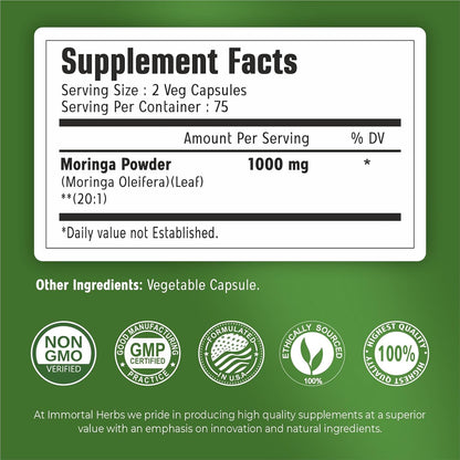 Moringa Capsules 1000mg, 20:1 Pure Moringa Leaf Powder Extract, 150 Vegan Pills, 2.5 Month Supply, Non-GMO & Gluten Free Oleifera Green Superfood Supplement