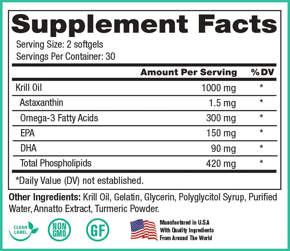 Peak Pure & Natural, Peak Krill Oil Supplement - Better Than Fish Oil for Joint and Heart Health - Krill Oil Brain Supplement - EPA, DHA, and Astaxanthin - 60 softgels