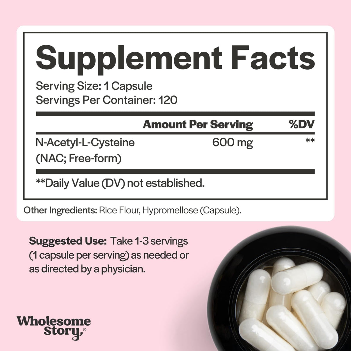 Wholesome Story NAC Supplement N-Acetyl-L-Cysteine 600 mg | Liver, Lung & Fertility Support | 120 Capsules | 120 Serving Supply