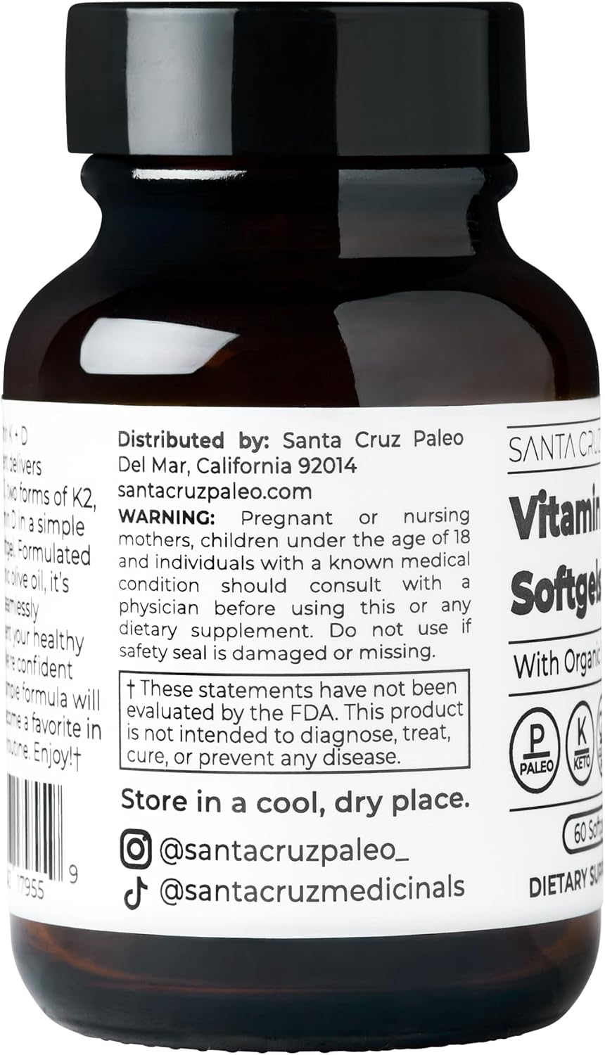 Santa Cruz Paleo Vitamin K2 + D3 Softgels, Daily Supplement with Organic Olive Oil, Includes Vitamin K1 & Two Forms of K2, Supports Heart & Bone Health, Gluten Free, Sugar Free, Paleo, Keto, 60 Count