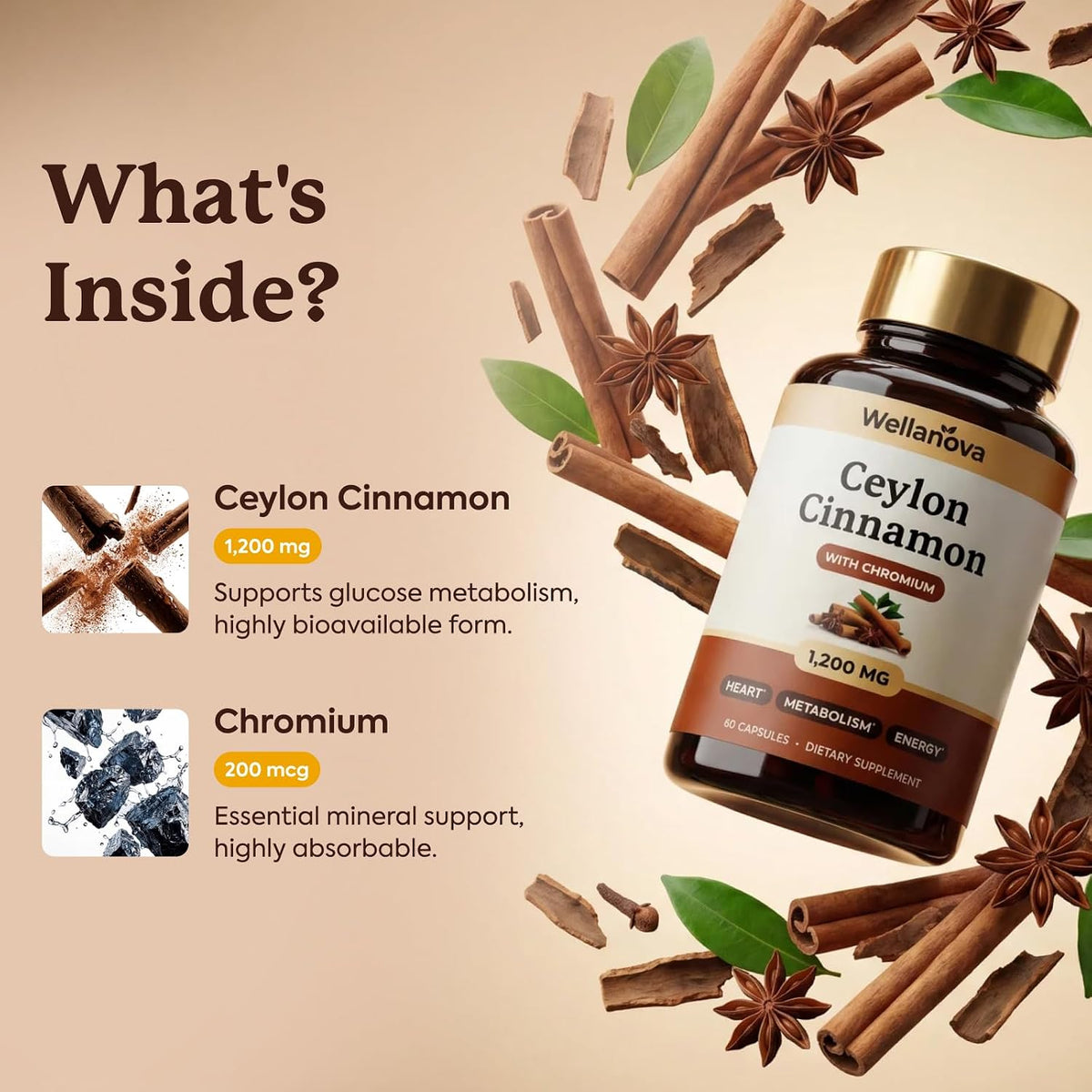 Ceylon Cinnamon Capsules Supplement with Chromium - 1,200 mg True Cinnamomum Verum, Chromium Picolinate 200 mcg - Heart, Metabolism & Energy Support - 60 Vegan Capsules