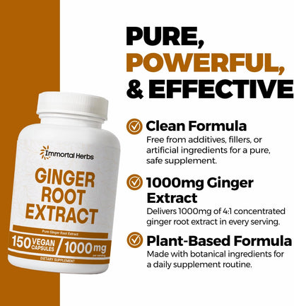 Ginger Root Capsules 1000mg, 4:1 Extract Powder, 150 Pills, Vegan, Non-GMO and Gluten-Free Ginger Supplement for Men and Women, 2 Month Supply