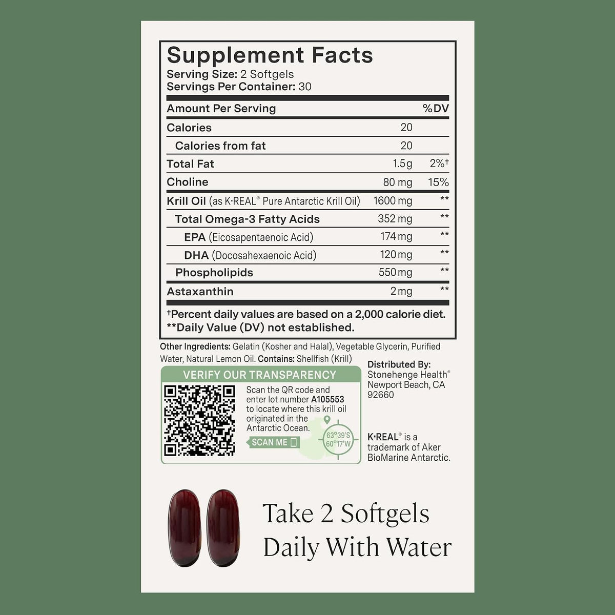 Stonehenge Health Dynamic Krill Oil 1600mg – Triple Strength Antarctic Omega-3 Supplement with EPA, DHA, Phospholipids & 2mg Astaxanthin – Supports Heart, Brain, Skin, Joint & Eye Health – 60 Softgels